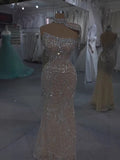 Luxury Silver Nude Crystal Beaded Mermaid Evening Dress with Cape LA73704