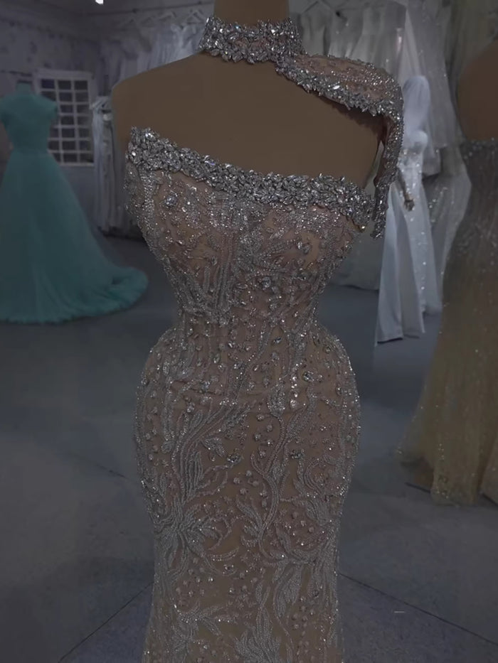 Luxury Silver Nude Crystal Beaded Mermaid Evening Dress with Cape LA73704