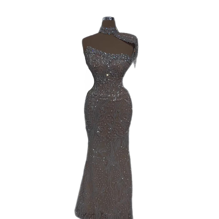 Luxury Silver Nude Crystal Beaded Mermaid Evening Dress with Cape LA73704