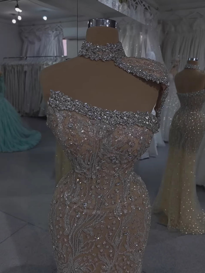 Luxury Silver Nude Crystal Beaded Mermaid Evening Dress with Cape LA73704