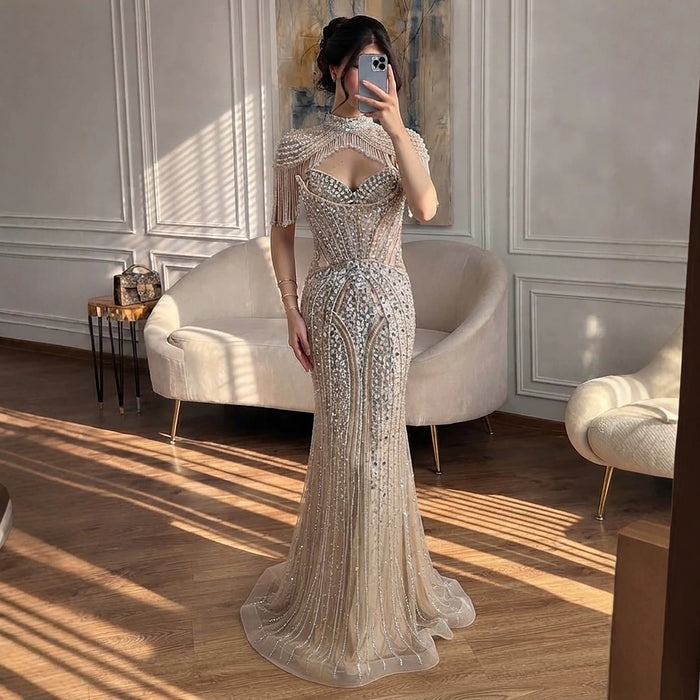 Luxury Silver Nude High Neck Tassel Beaded Mermaid Dress LA73548 SERENE HILL
