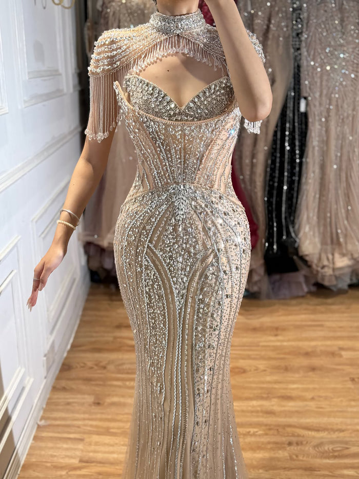Luxury Silver Nude High Neck Tassel Beaded Mermaid Dress LA73548 SERENE HILL