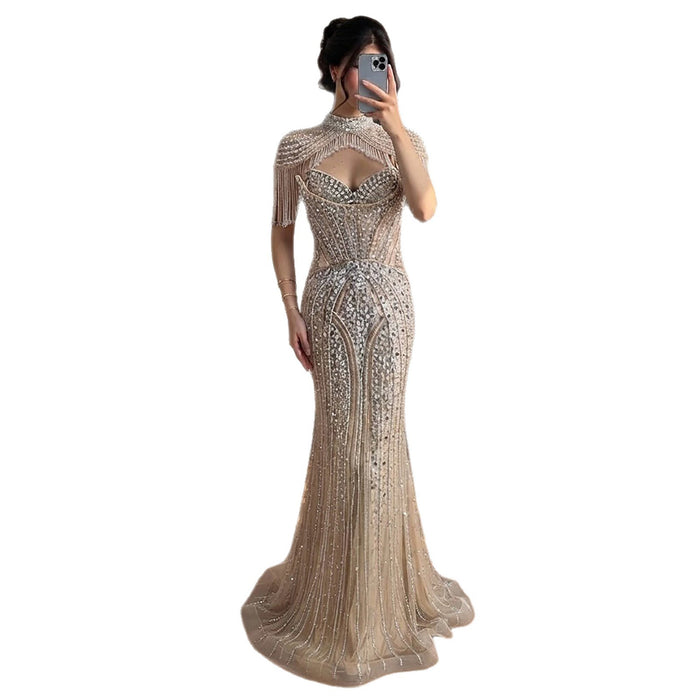Luxury Silver Nude High Neck Tassel Beaded Mermaid Dress LA73548 SERENE HILL