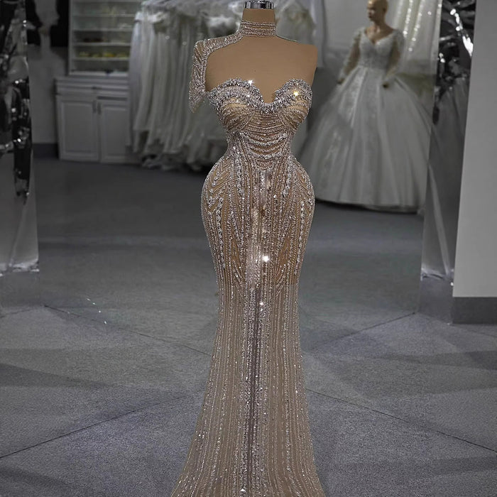 Luxury Silver Nude Strapless Crystal Beaded Mermaid Evening Dress with Cape LA73703