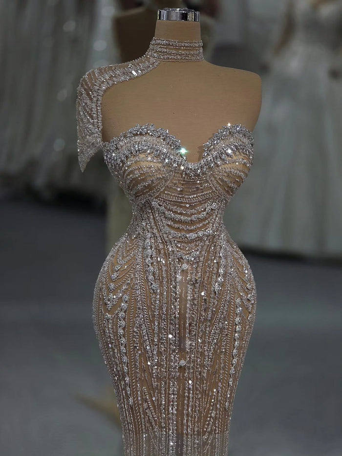 Luxury Silver Nude Strapless Crystal Beaded Mermaid Evening Dress with Cape LA73703