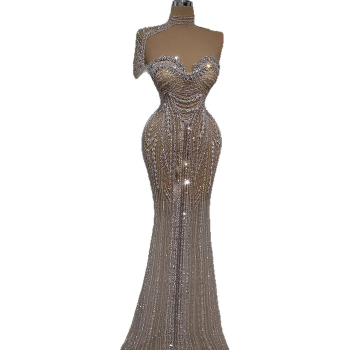 Luxury Silver Nude Strapless Crystal Beaded Mermaid Evening Dress with Cape LA73703