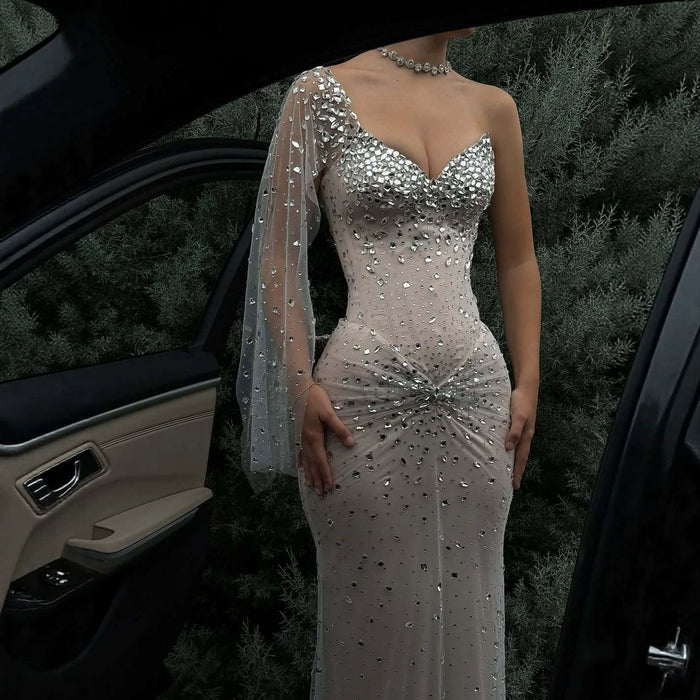 Luxury Nude Crystal Beaded One Shoulder Mermaid Evening Dress LA73364 SERENE HILL