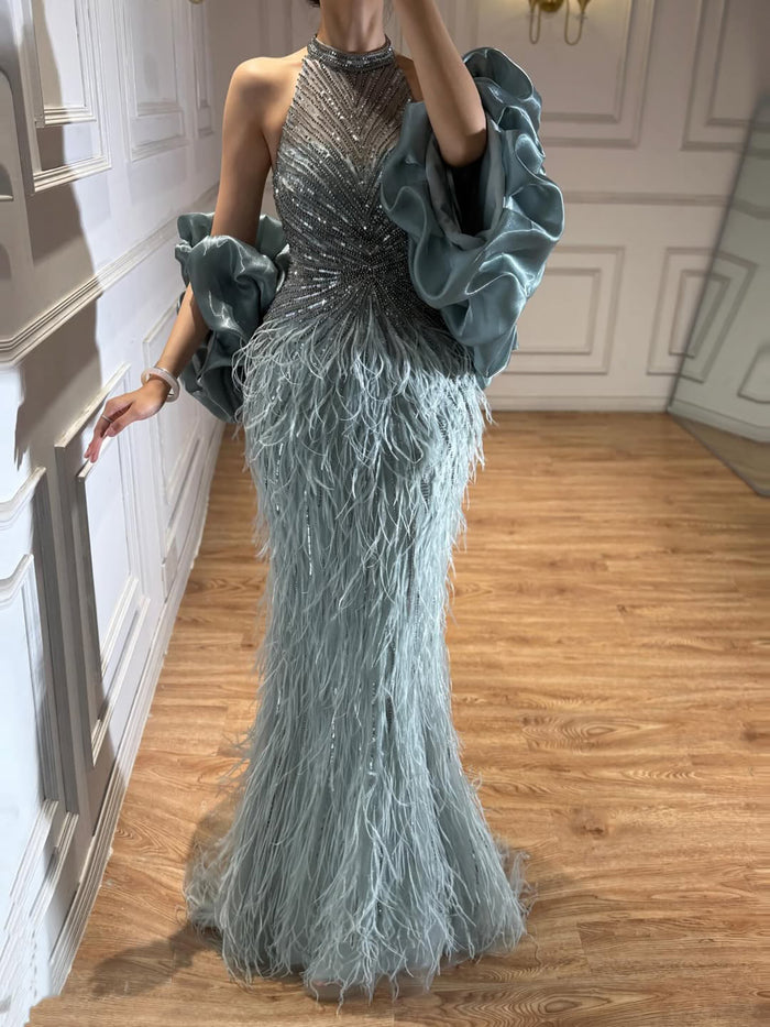 Luxury Turquoise Beaded Feather Halter Mermaid Dress LA70623C