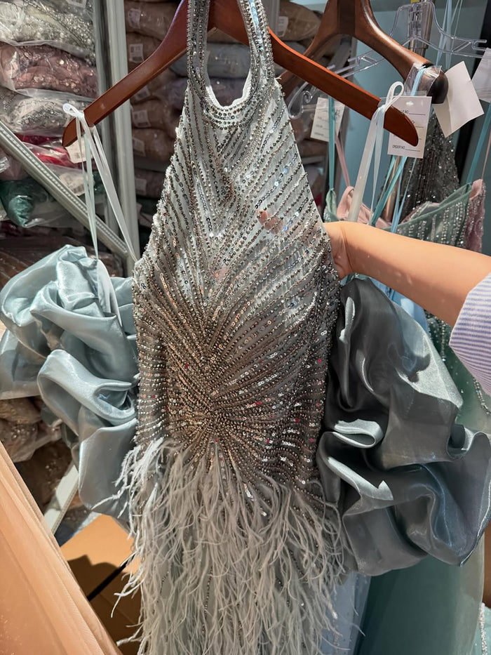 Luxury Turquoise Beaded Feather Halter Mermaid Dress LA70623C