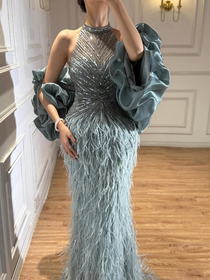 Luxury Turquoise Beaded Feather Halter Mermaid Dress LA70623C