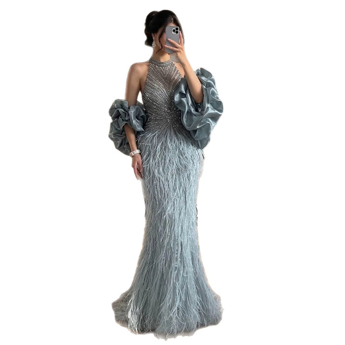 Luxury Turquoise Beaded Feather Halter Mermaid Dress LA70623C