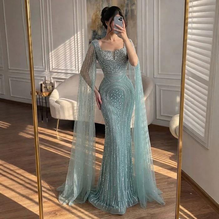 Luxury Turquoise Beaded Mermaid Gown with Cape Sleeves LA73819 SERENE HILL