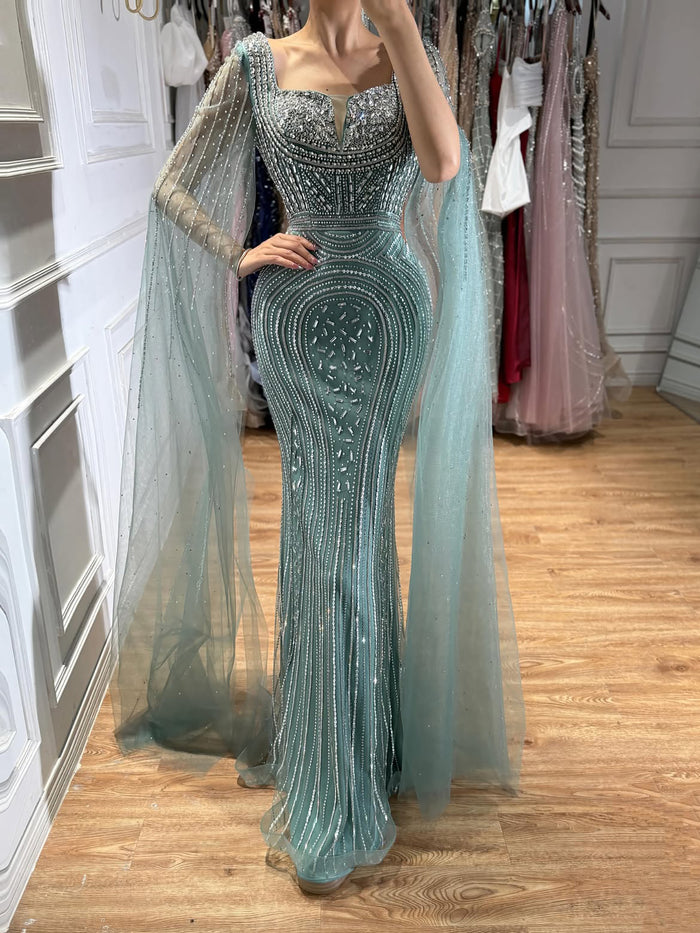 Luxury Turquoise Beaded Mermaid Gown with Cape Sleeves LA73819 SERENE HILL