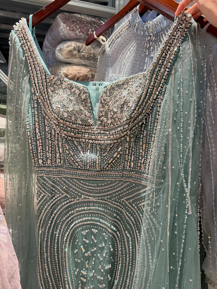 Luxury Turquoise Beaded Mermaid Gown with Cape Sleeves LA73819 SERENE HILL