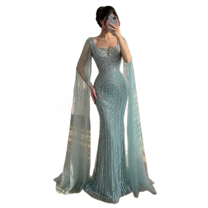 Luxury Turquoise Beaded Mermaid Gown with Cape Sleeves LA73819 SERENE HILL
