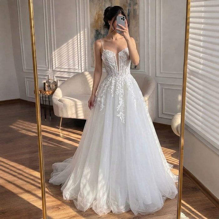 Luxury White Lace Spaghetti Straps Deep V-Neck Wedding Dress HA2540 SERENE HILL
