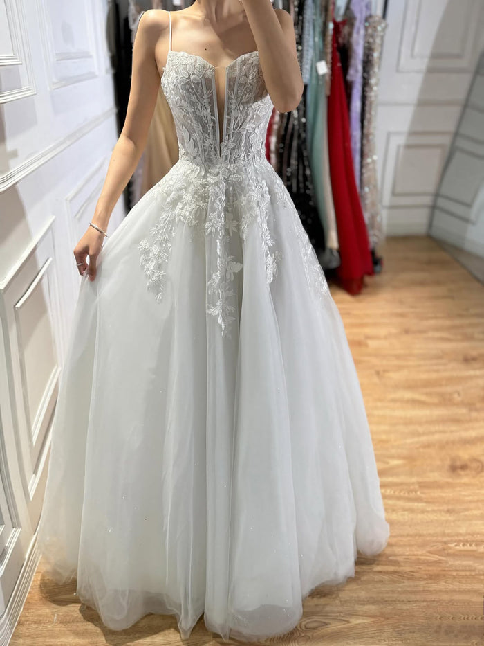 Luxury White Lace Spaghetti Straps Deep V-Neck Wedding Dress HA2540 SERENE HILL