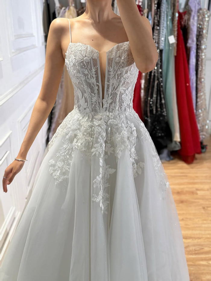 Luxury White Lace Spaghetti Straps Deep V-Neck Wedding Dress HA2540 SERENE HILL