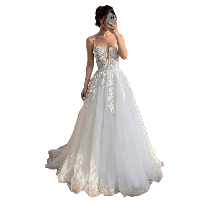 Luxury White Lace Spaghetti Straps Deep V-Neck Wedding Dress HA2540 SERENE HILL