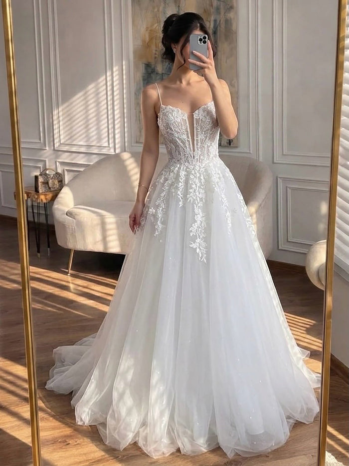 Luxury White Lace Spaghetti Straps Deep V-Neck Wedding Dress HA2540 SERENE HILL