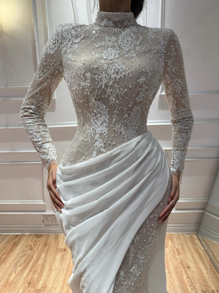 Luxury White Nude High Neck Beaded Mermaid Evening Dress LA73407A SERENE HILL