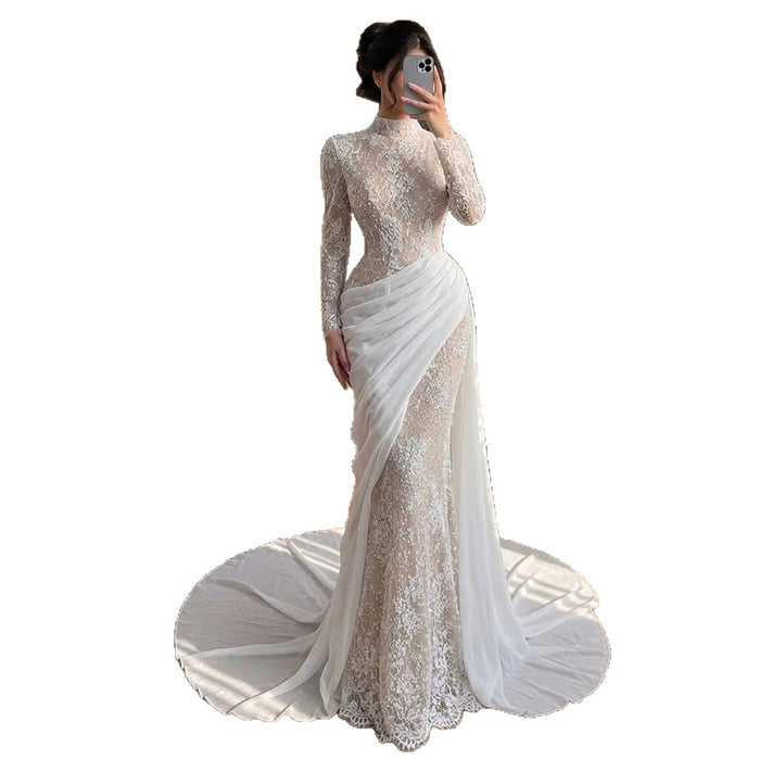 Luxury White Nude High Neck Beaded Mermaid Evening Dress LA73407A SERENE HILL
