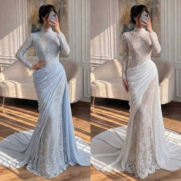 Luxury White Nude High Neck Beaded Mermaid Evening Dress LA73407A SERENE HILL
