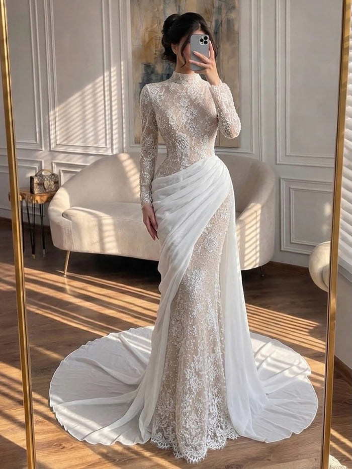 Luxury White Nude High Neck Beaded Mermaid Evening Dress LA73407A SERENE HILL