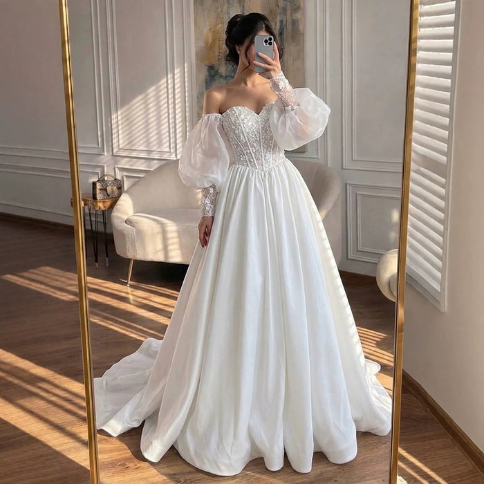 Luxury White Off Shoulder Beaded Basque Corset Puff Sleeve Dress HA2538 SERENE HILL