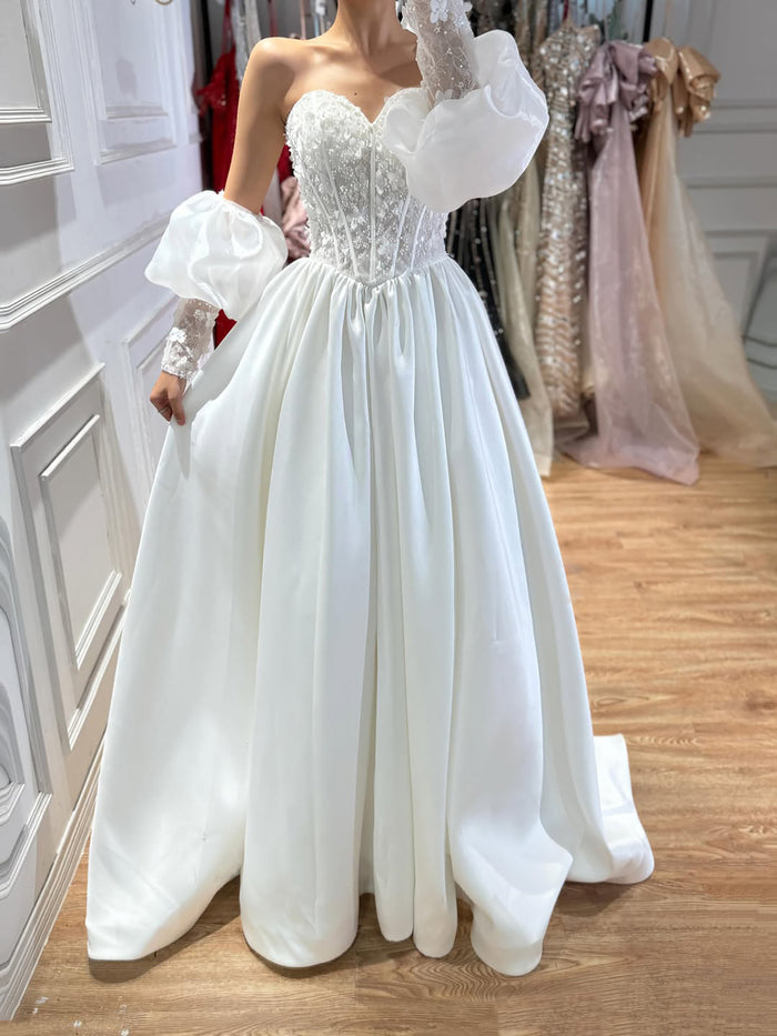 Luxury White Off Shoulder Beaded Basque Corset Puff Sleeve Dress HA2538 SERENE HILL