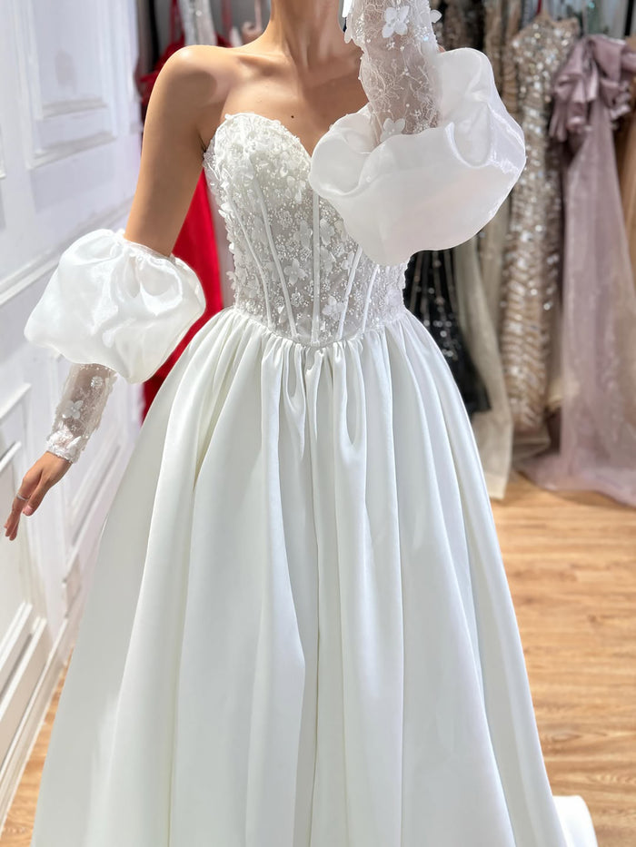 Luxury White Off Shoulder Beaded Basque Corset Puff Sleeve Dress HA2538 SERENE HILL