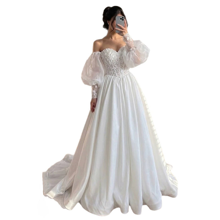 Luxury White Off Shoulder Beaded Basque Corset Puff Sleeve Dress HA2538 SERENE HILL