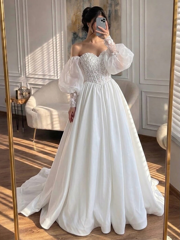 Luxury White Off Shoulder Beaded Basque Corset Puff Sleeve Dress HA2538 SERENE HILL