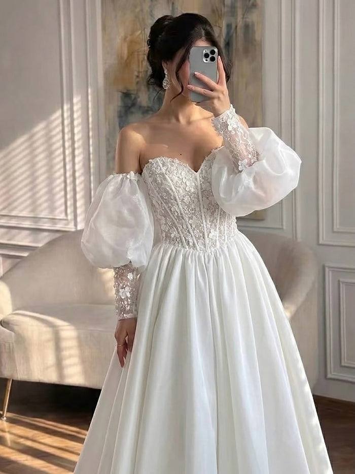 Luxury White Off Shoulder Beaded Basque Corset Puff Sleeve Dress HA2538 SERENE HILL