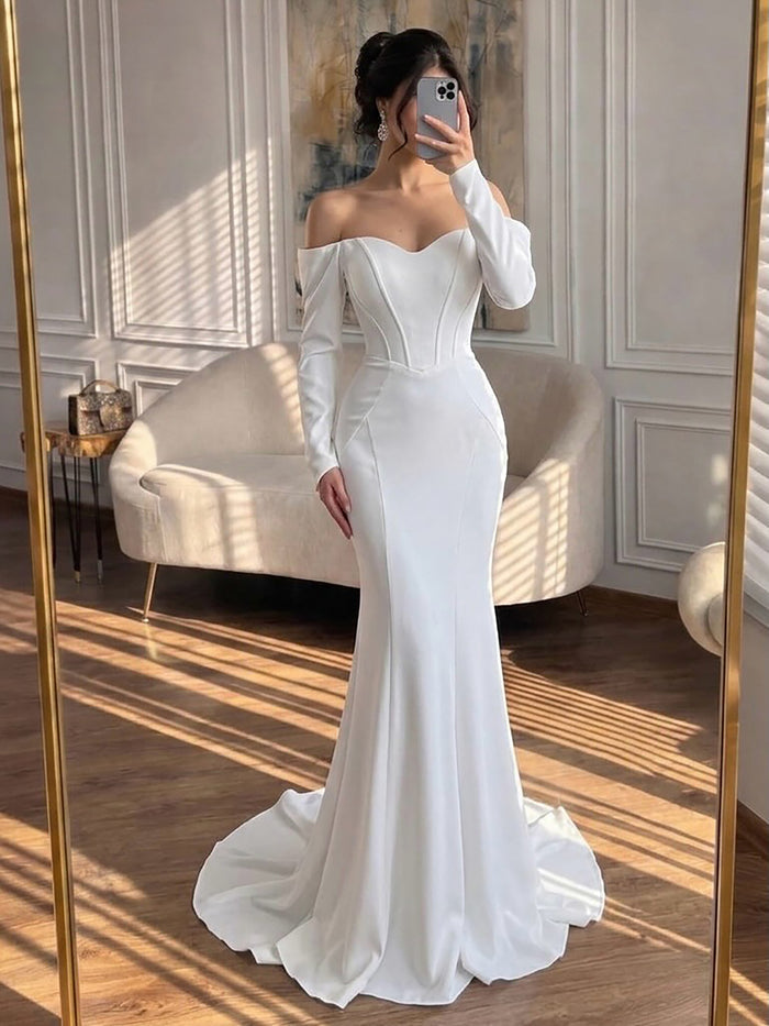 Luxury White Off Shoulder Sweetheart Long Sleeve Mermaid Dress LA73768 SERENE HILL