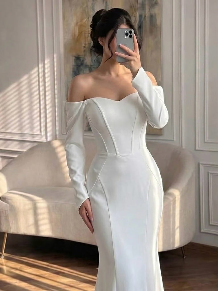Luxury White Off Shoulder Sweetheart Long Sleeve Mermaid Dress LA73768 SERENE HILL