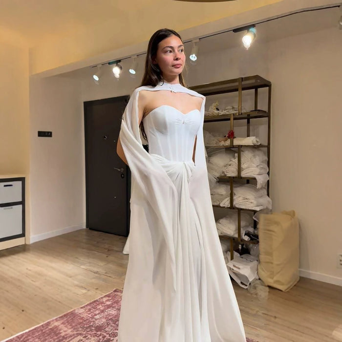 Luxury White Strapless Satin Corset Wedding Dress with Cape LA73815 SERENE HILL