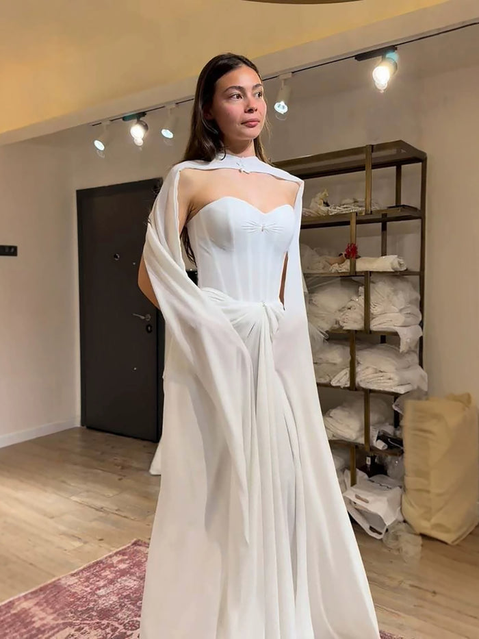 Luxury White Strapless Satin Corset Wedding Dress with Cape LA73815 SERENE HILL