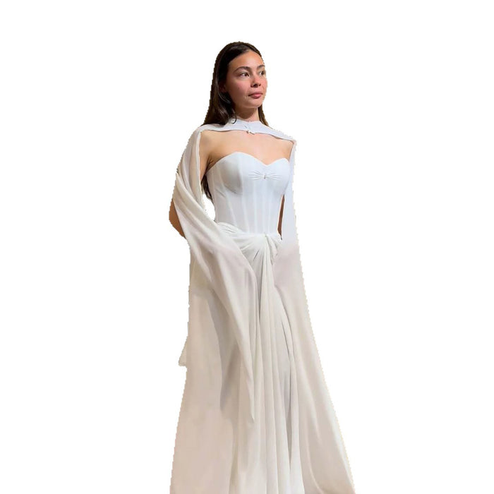 Luxury White Strapless Satin Corset Wedding Dress with Cape LA73815 SERENE HILL