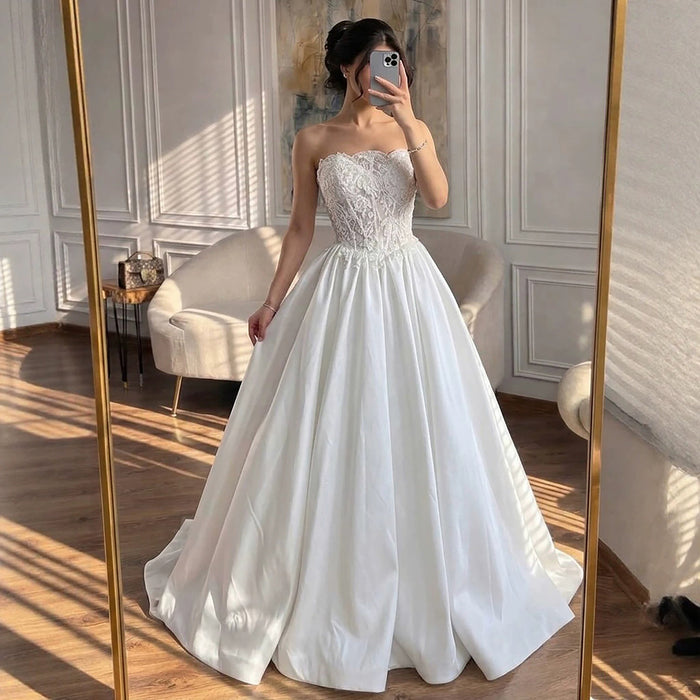Luxury White Strapless See Through Lace Corset Satin A Line Dress HA2537 SERENE HILL