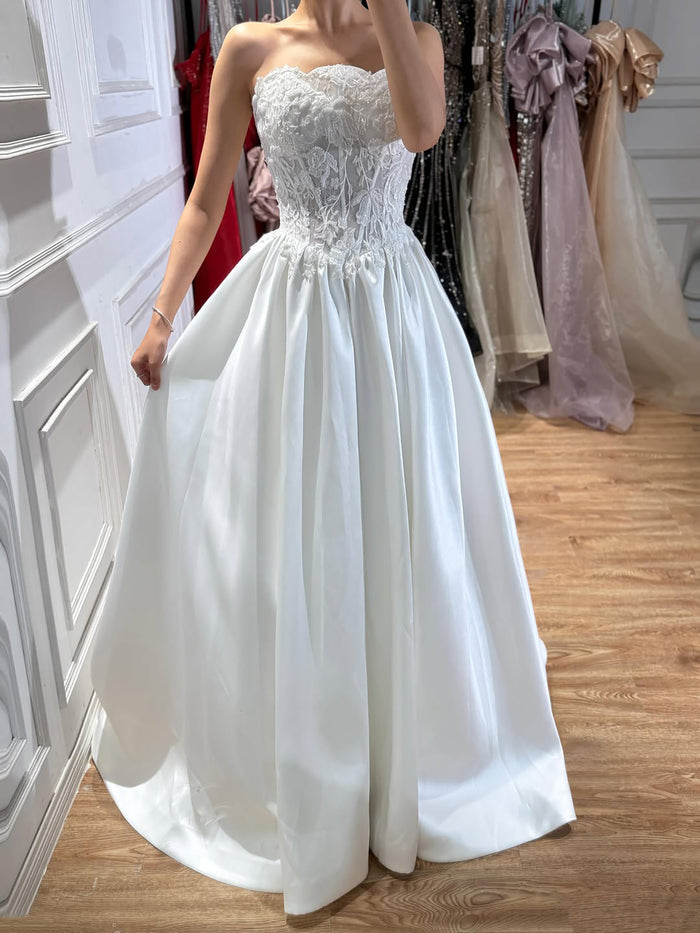 Luxury White Strapless See Through Lace Corset Satin A Line Dress HA2537 SERENE HILL