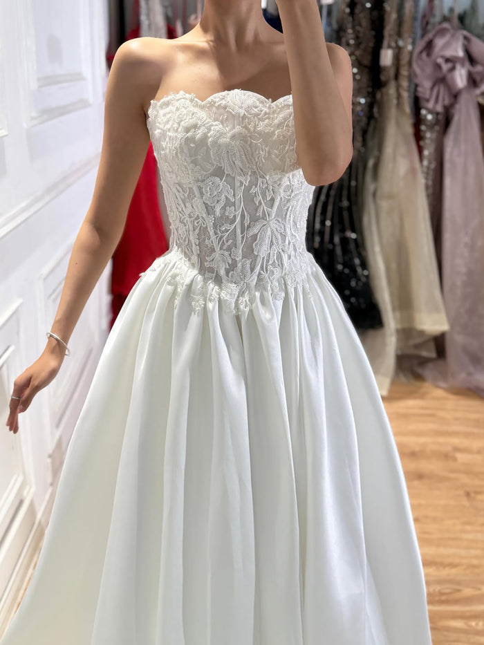 Luxury White Strapless See Through Lace Corset Satin A Line Dress HA2537 SERENE HILL