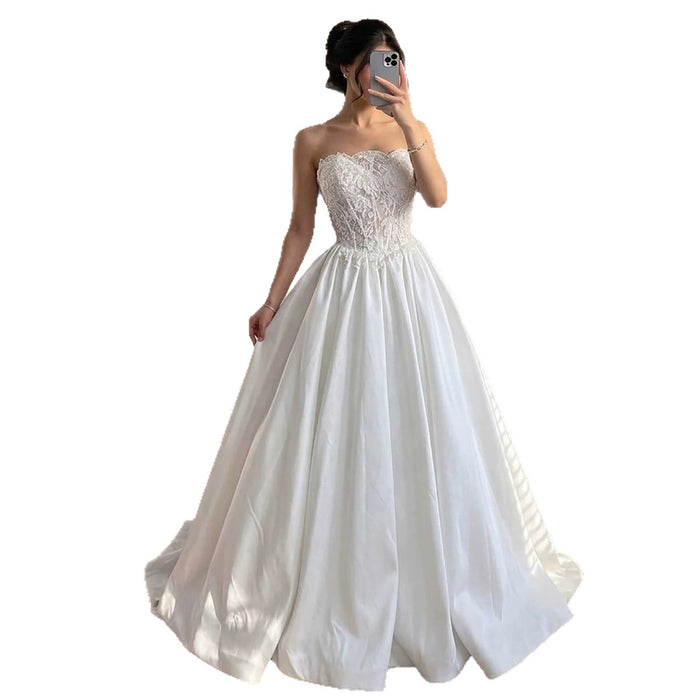 Luxury White Strapless See Through Lace Corset Satin A Line Dress HA2537 SERENE HILL