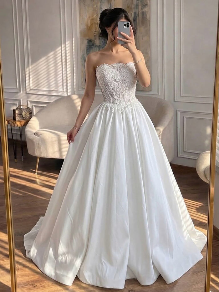 Luxury White Strapless See Through Lace Corset Satin A Line Dress HA2537 SERENE HILL