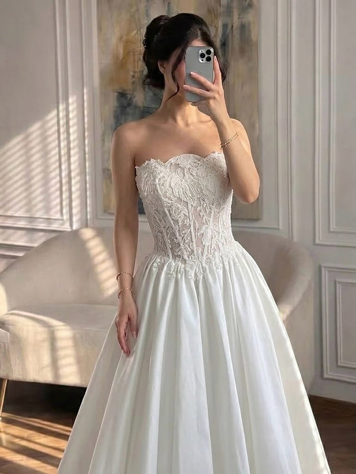 Luxury White Strapless See Through Lace Corset Satin A Line Dress HA2537 SERENE HILL