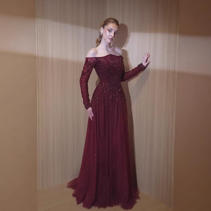 Luxury Wine Red Beaded Off Shoulder Long Sleeve Evening Dress LA73707