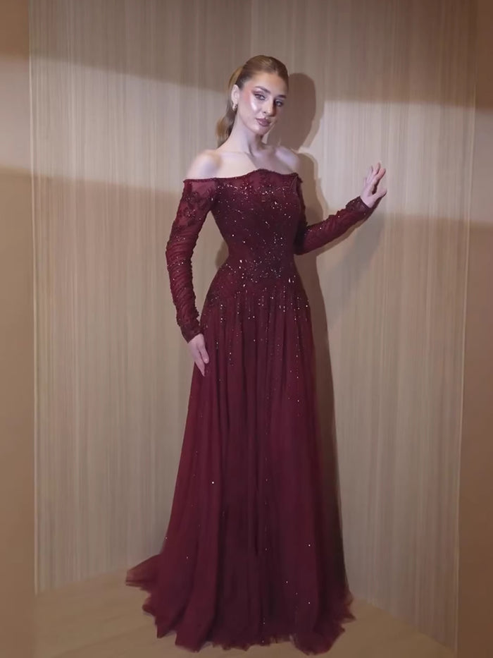 Luxury Wine Red Beaded Off Shoulder Long Sleeve Evening Dress LA73707