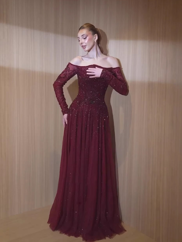 Luxury Wine Red Beaded Off Shoulder Long Sleeve Evening Dress LA73707
