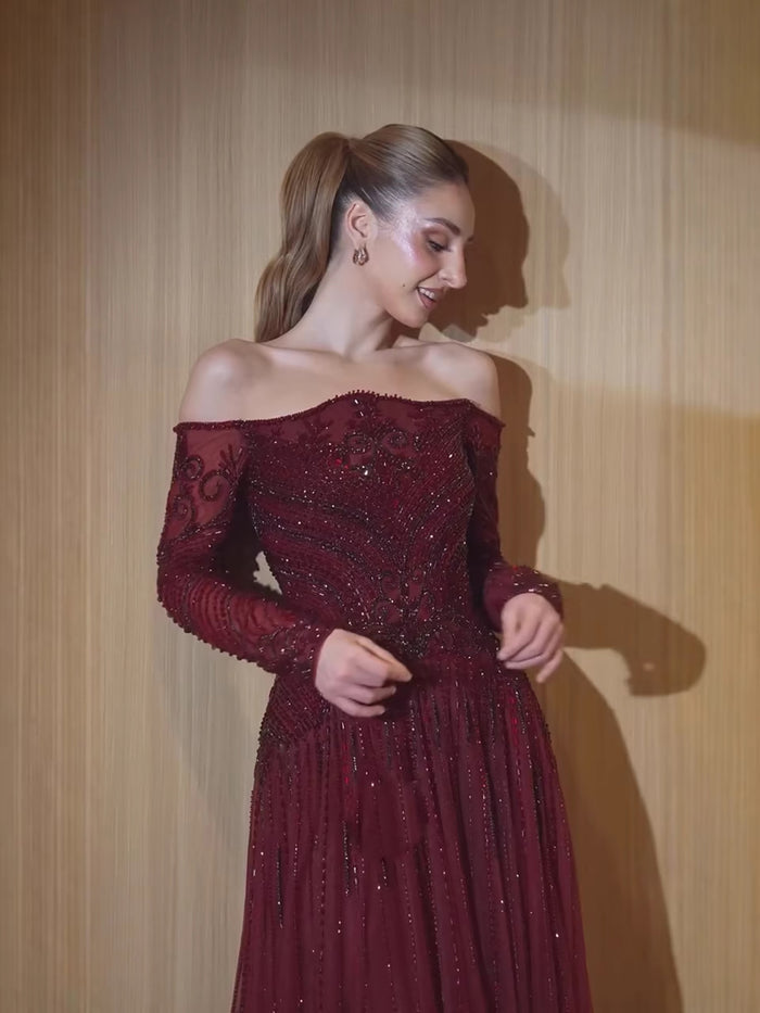 Luxury Wine Red Beaded Off Shoulder Long Sleeve Evening Dress LA73707