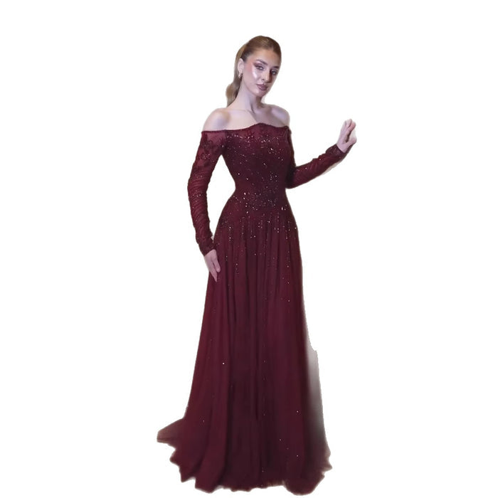 Luxury Wine Red Beaded Off Shoulder Long Sleeve Evening Dress LA73707